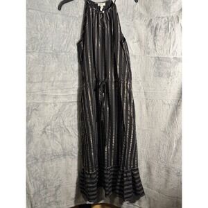 Dylan Striped Maxi‎ Dress Gold Metallic Halter Neck Tie Waist Tiered Hem XS NEW